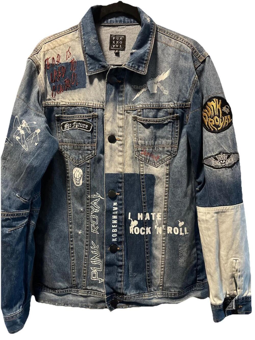 Unique Punk Royal Men's Denim Jacket With Embroiled Badges Size Medium